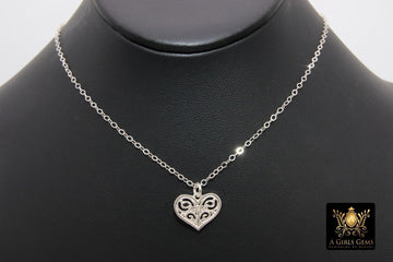 Silver Filigree Heart Chain Necklace, 925 Sterling Silver Dainty Chain Choker, Love Jewelry in Adjustable Length